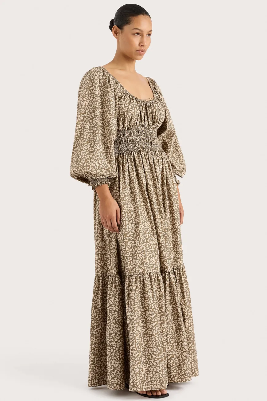 Fleur Maxi Dress Micro Leaves Walnut